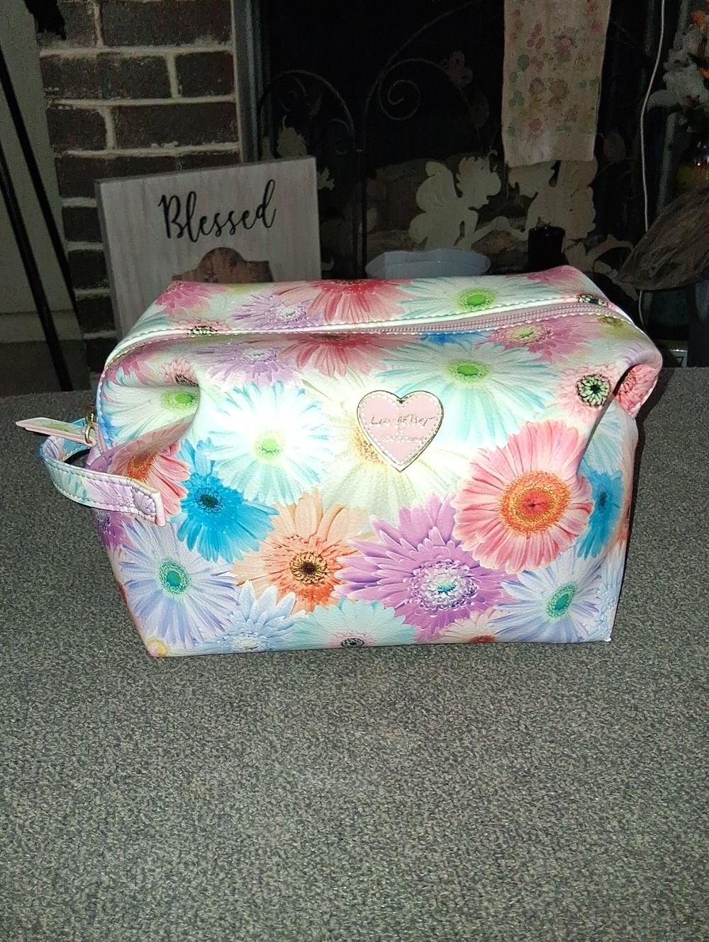 Betsey Johnson Multicolor Pastel Floral Cosmetic Case with Heart Logo